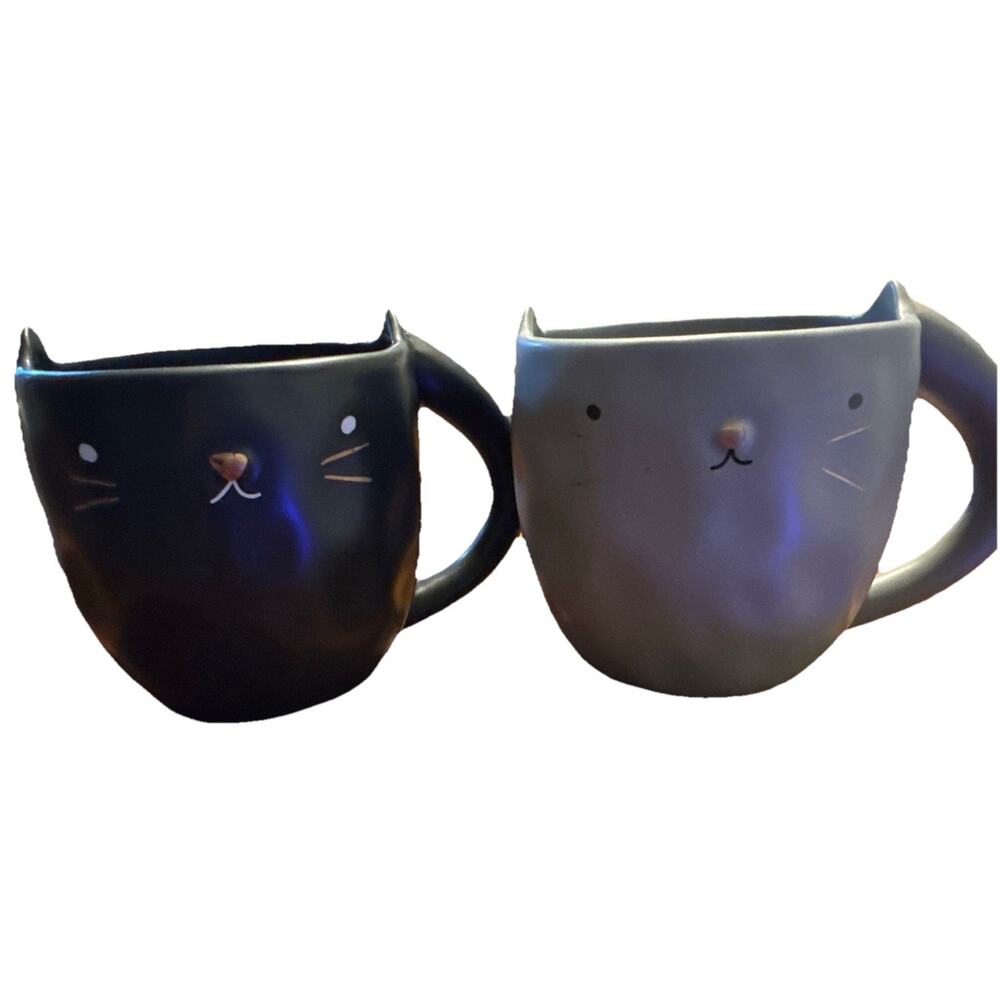 Set of 2 Cat Face Coffee Mugs Black & Gray Ceramic Kitty Cups Cute Animal